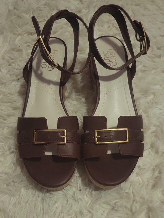Franco Sarto Shoes - Franco Sarto Brown Leather Wedge Sandals with Gold Buckle Accents